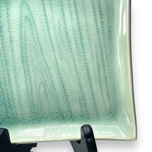 Japanese Set of 4 Celadon Green w/ Blue Crackle Square Glazed Small Plates 6" - Picture 7 of 9